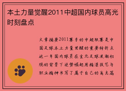 本土力量觉醒2011中超国内球员高光时刻盘点