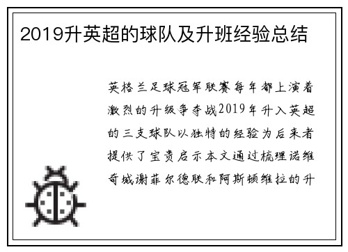 2019升英超的球队及升班经验总结