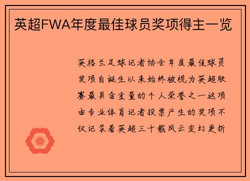 英超FWA年度最佳球员奖项得主一览