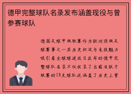 德甲完整球队名录发布涵盖现役与曾参赛球队